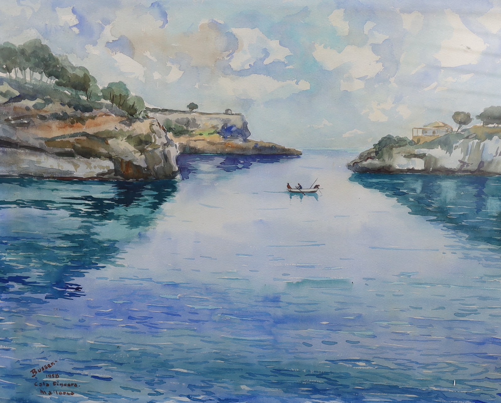 Busser, two watercolours, 'Cala Figuera, Mallorca', signed and dated 1958, 50 x 64cm